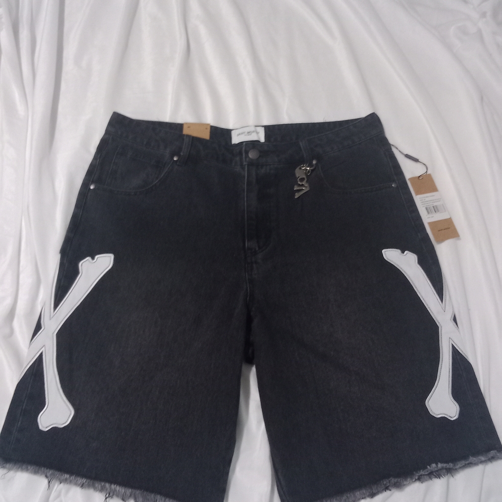 Black Denim Shorts with White Crossbones